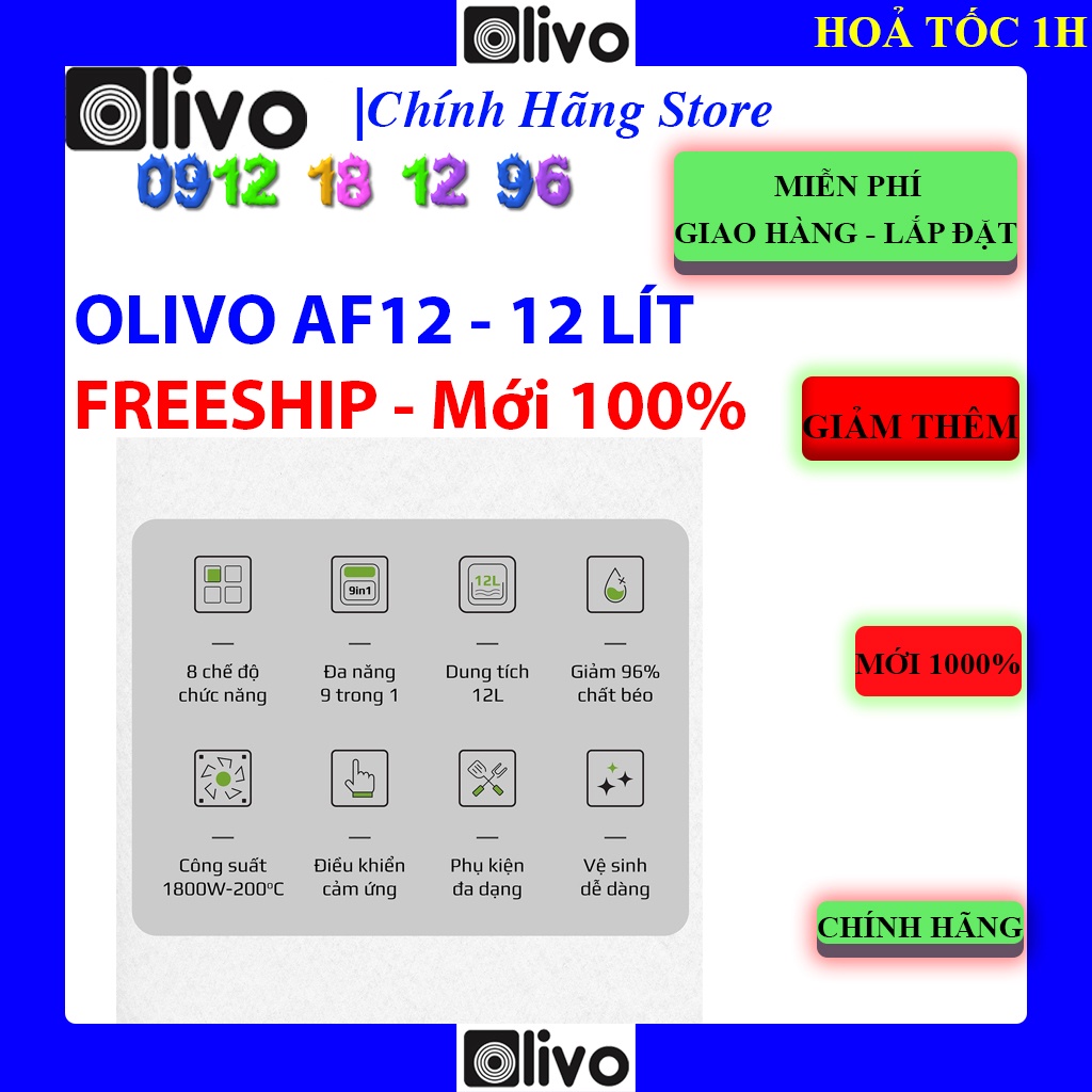 [Mã ELHA03 giảm 5% đơn 300K] [OLIVO AF12] Nồi Chiên Không Dầu OLIVO AF12, Bảo hành chính hãng 24 tháng, Thương Hiệu Mỹ.