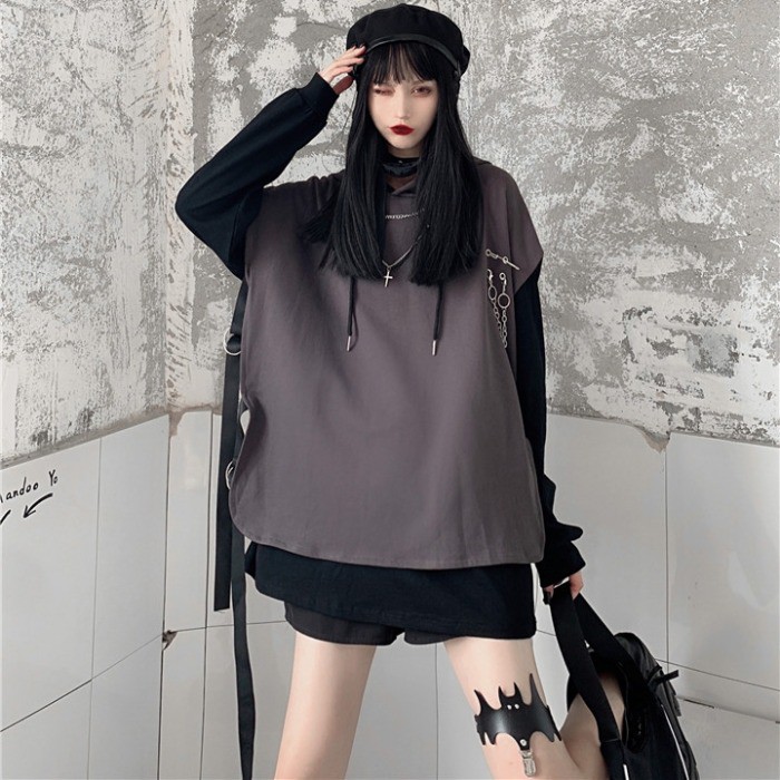 Set Áo Hoodie Sát Nách Form Rộng + Áo Thun Tay Dài Phong Cách Retro Đường Phố