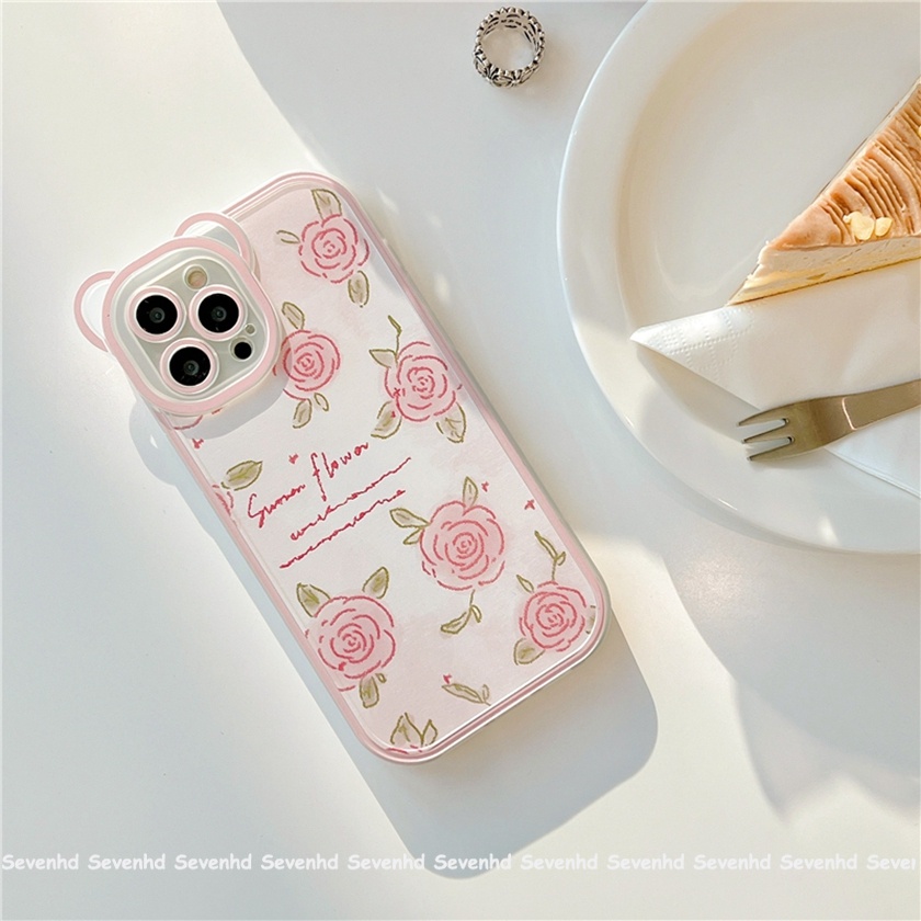 Ốp Điện Thoại Dẻo Họa Tiết Hoa / Tai Gấu Hồng Xinh Xắn Cho iPhone 14 13 12 11 Pro Max Xs Max Xr X 6 6s Plus