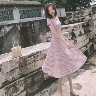 ĐẦM MIDI HỒNG CARO CỔ V (KÈM HÌNH THẬT)