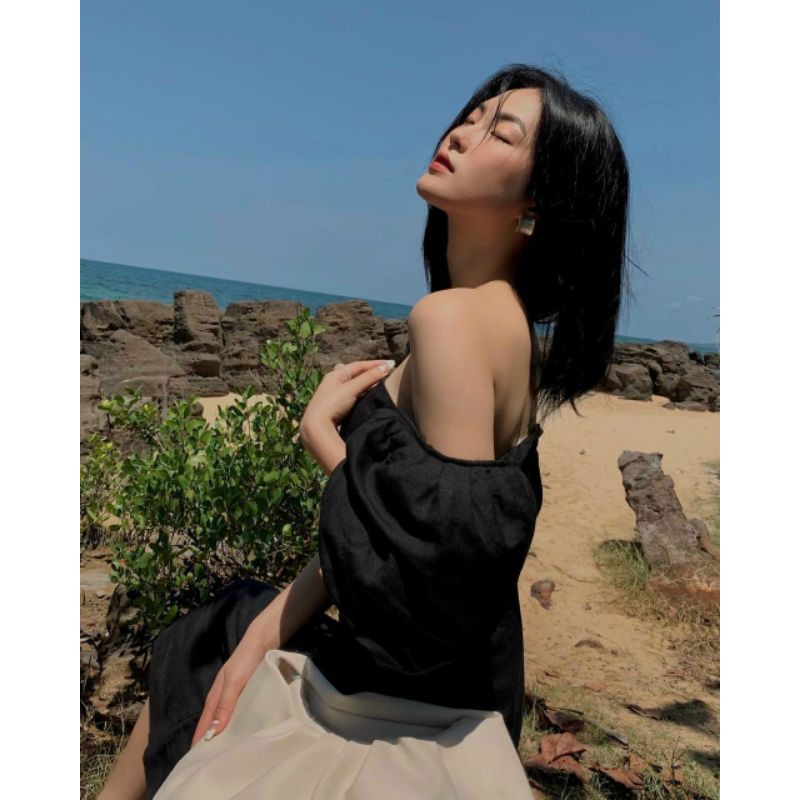 K] Đầm Midi đen cổ u tay thun.