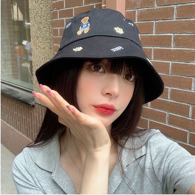 Mũ nồi ngư dân màu đen che nắng hoạt hình gấu dễ phối đồ thời trang mùa hè Hàn Quốc cho nữ