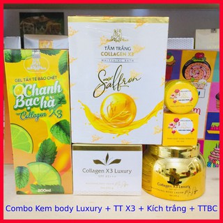 Combo Kem Body Luxury Collagen X3 Đông Anh + Kích Trắng + Tắm Trắng + Tẩy tế bào chết, dưỡng trắng da body hiệu quả