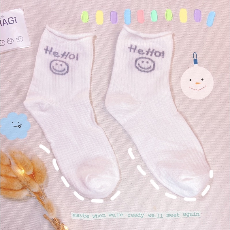 Set 5 Đôi Tất nữ Vintage Trắng Phối Ren Hoạ Tiết Smile Nice day Good luck Phong cách Hàn quốc Học sinh Sinh Viên