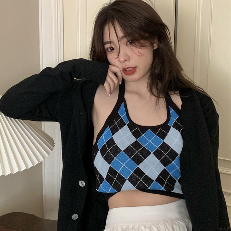 Áo Lửng Hai Dây Họa Tiết Ca Rô Phong Cách Hàn Quốc Dành Cho Nữ