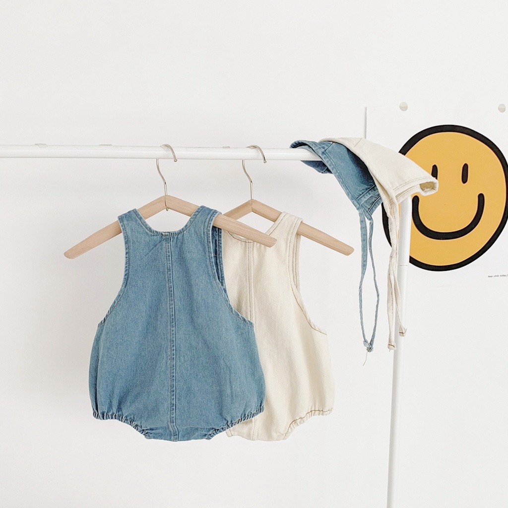 Set áo liền quần denim kèm mũ thời trang dễ thương cho trẻ sơ sinh
