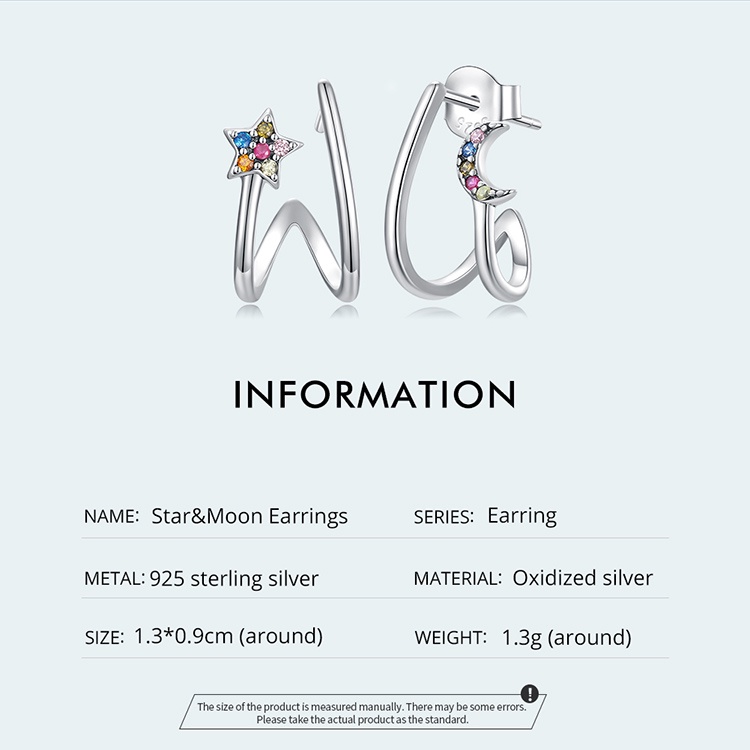 Bông tai BAMOER bạc 925 phối hình mặt trăng ngôi sao thời trang