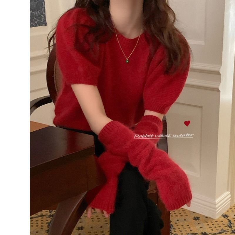 Áo Sweater Dệt Kim Tay Phồng Ngắn Thời Trang Thu Đông Cho Nữ