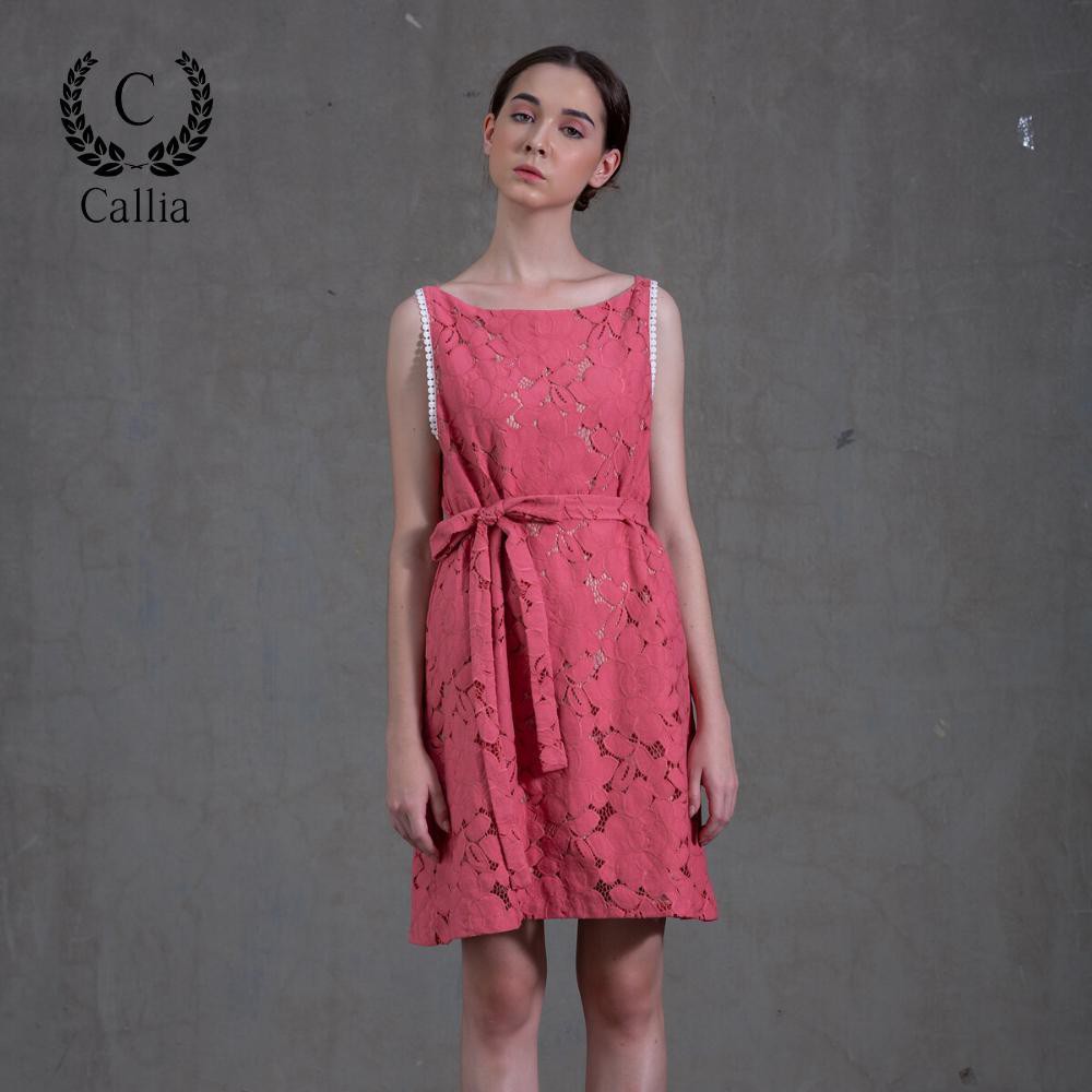 Đầm nữ Callia Kirri ren dáng suông thắt eo sát nách (Hồng)