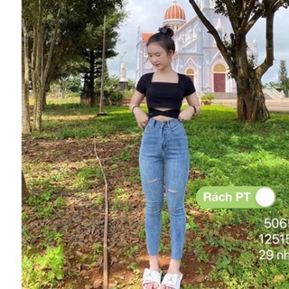Set Jeans dài co giãn tuan lai + Áo cổ vuông cột nơ trước