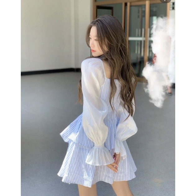 ĐẦM SỌC XANH ĐAN EO PHỐI TAY TRẮNG