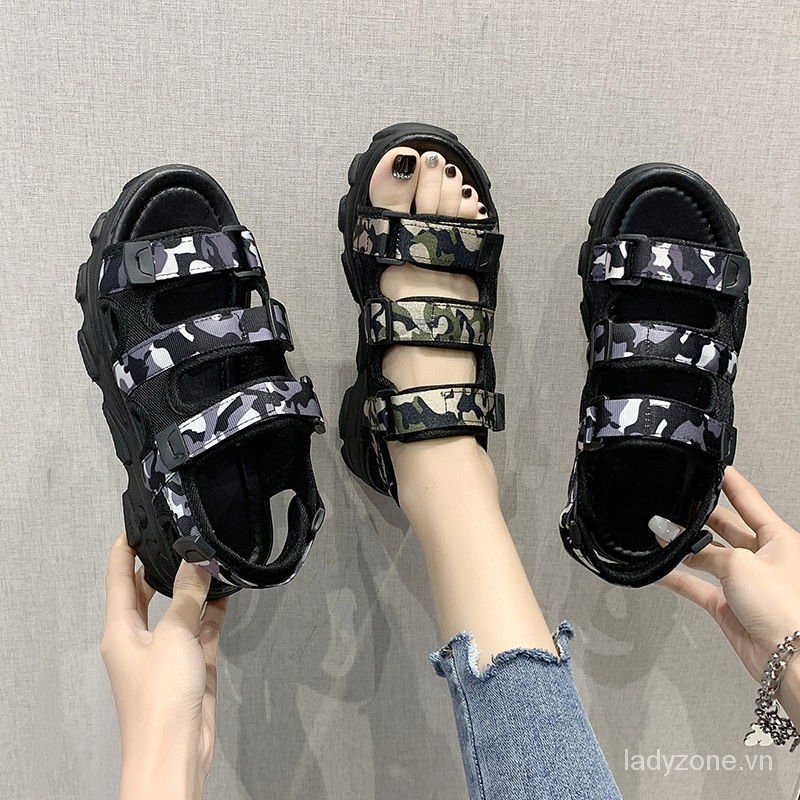 Camouflage Sandals for Women Summer2021NewinsTrendy Thick Bottom Velcro Korean Student All-Matching Beach Shoes