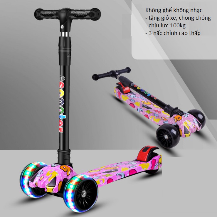 Xe trượt scooter gập gọn cho bé có ĐÈN  và Nhạc, bánh xe lớn