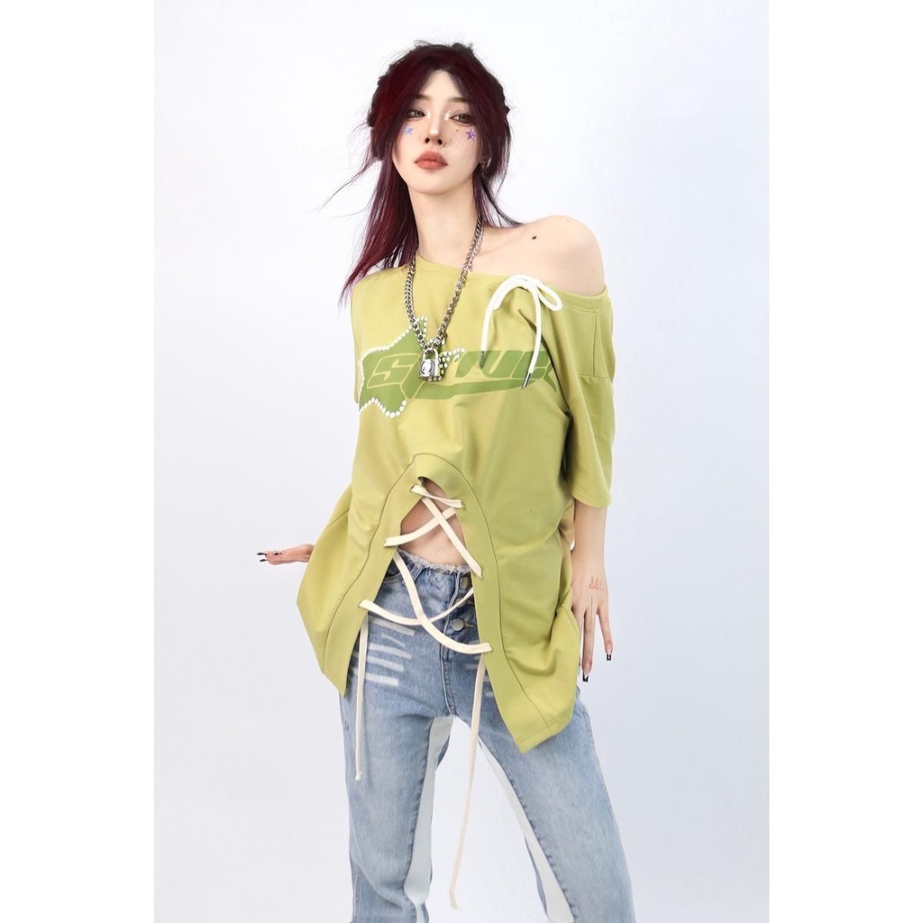 Áo Thun Tay Ngắn Dáng Rộng Phối Dây Cột Phong Cách Đường Phố Thời Trang Y2k Millennium