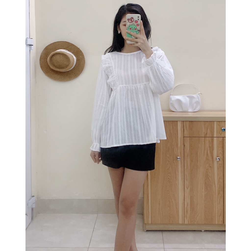 Áo Sơ Mi Dài Tay Dáng Babydoll - Tay Bo Chun, Phối Ren 2 bên cổ tròn xinh xắn A088