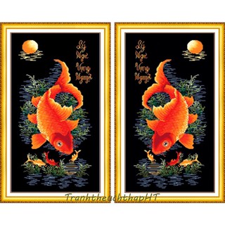 Tranh đính đá, Tranh thêu chữ thập Cá chép - lý ngư vọng nguyệt LV3150, LV200, DF438 - tự thêu, tự đính