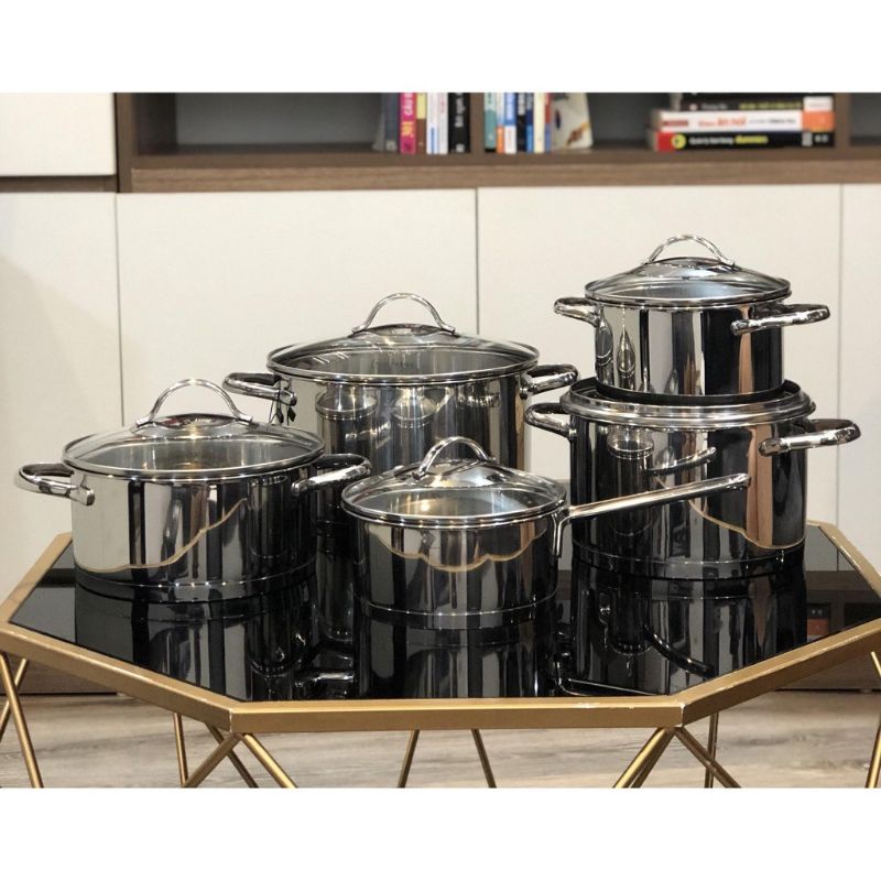 Bộ Nồi Bếp Từ Inox 304 ĐÚC LIỀN  Fivestar 5 Oval 3 Đáy Vung kính sang trọng