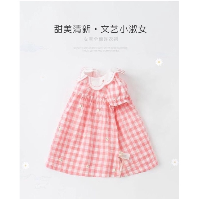 Váy babydoll caro hồng hoạ tiết thêu hoa 3D cực xjnh cho bé gái