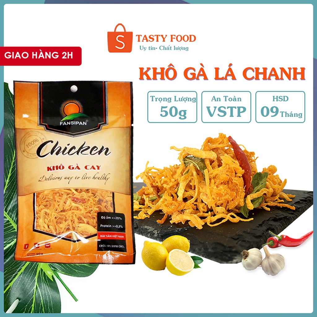 KHÔ GÀ LÁ CHANH Fanxipan gói 50g cay ngon, gà xé lá chanh loại 1 cao cấp, khô gà xé cay tỏi ớt Tasty Food