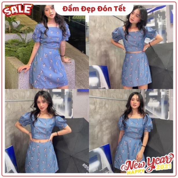 Sét Chân váy kém áo croptop tay phồng hoạ tiết hoa nhí | BigBuy360 - bigbuy360.vn