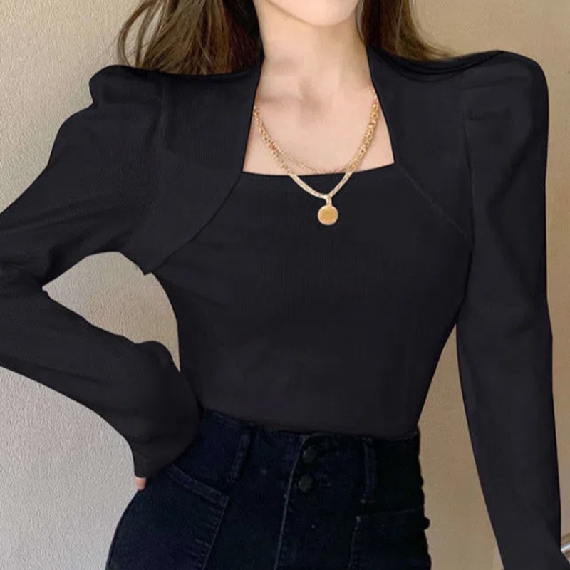 IELGY  Áo Croptop Cổ Vuông Dáng Ôm Phối Dây Xích Thời Trang Cho Bạn Gái