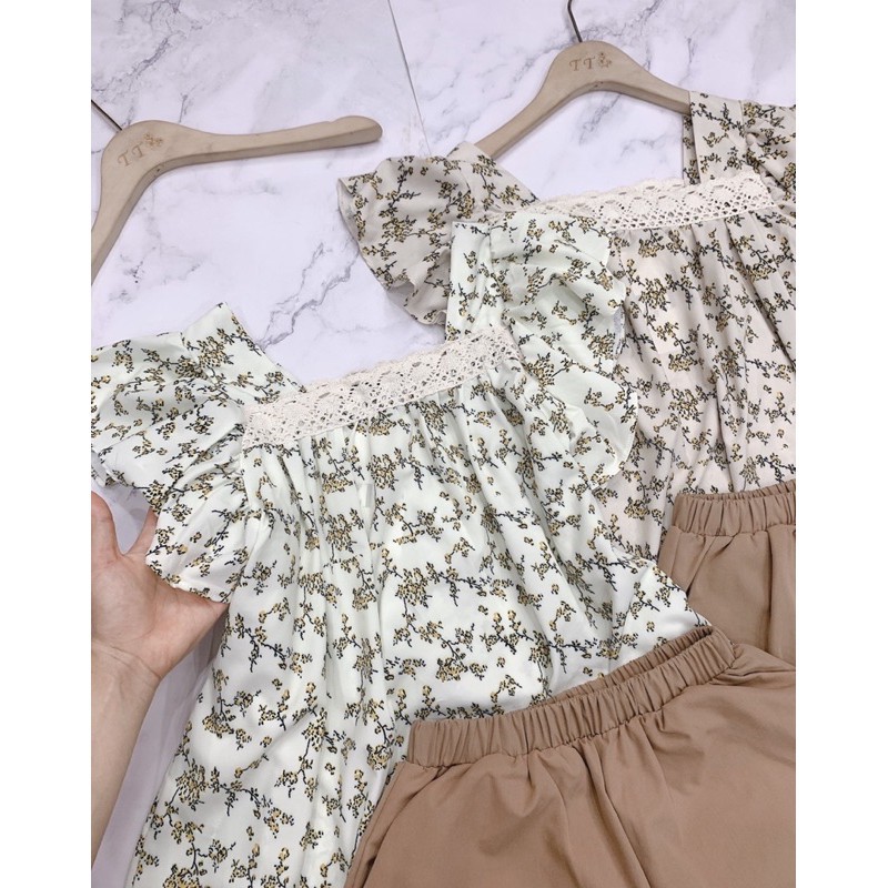 Bộ mặc nhà nữ kiểu Babydoll Cổ Vuông tay ngắn vai bồng, Đồ mặc nhà trễ vai Mix Quần Sooc ngắn - SN04 | BigBuy360 - bigbuy360.vn