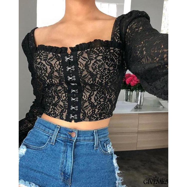 Áo Croptop Cổ Chữ U Phối Ren Màu Trơn Quyến Rũ Cho Nữ