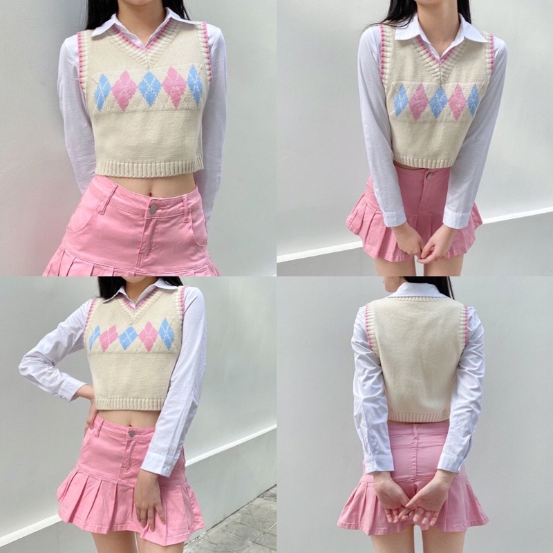 Áo Gile Len Cộc Tay Dáng Croptop Họa Tiết Hình Thoi Viền Hồng