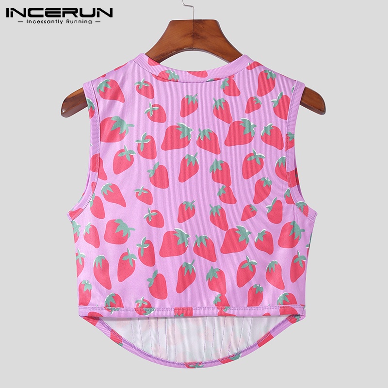 Áo ba lỗ INCERUN vải lưới xuyên thấu in họa tiết dâu tây thời trang cho nam