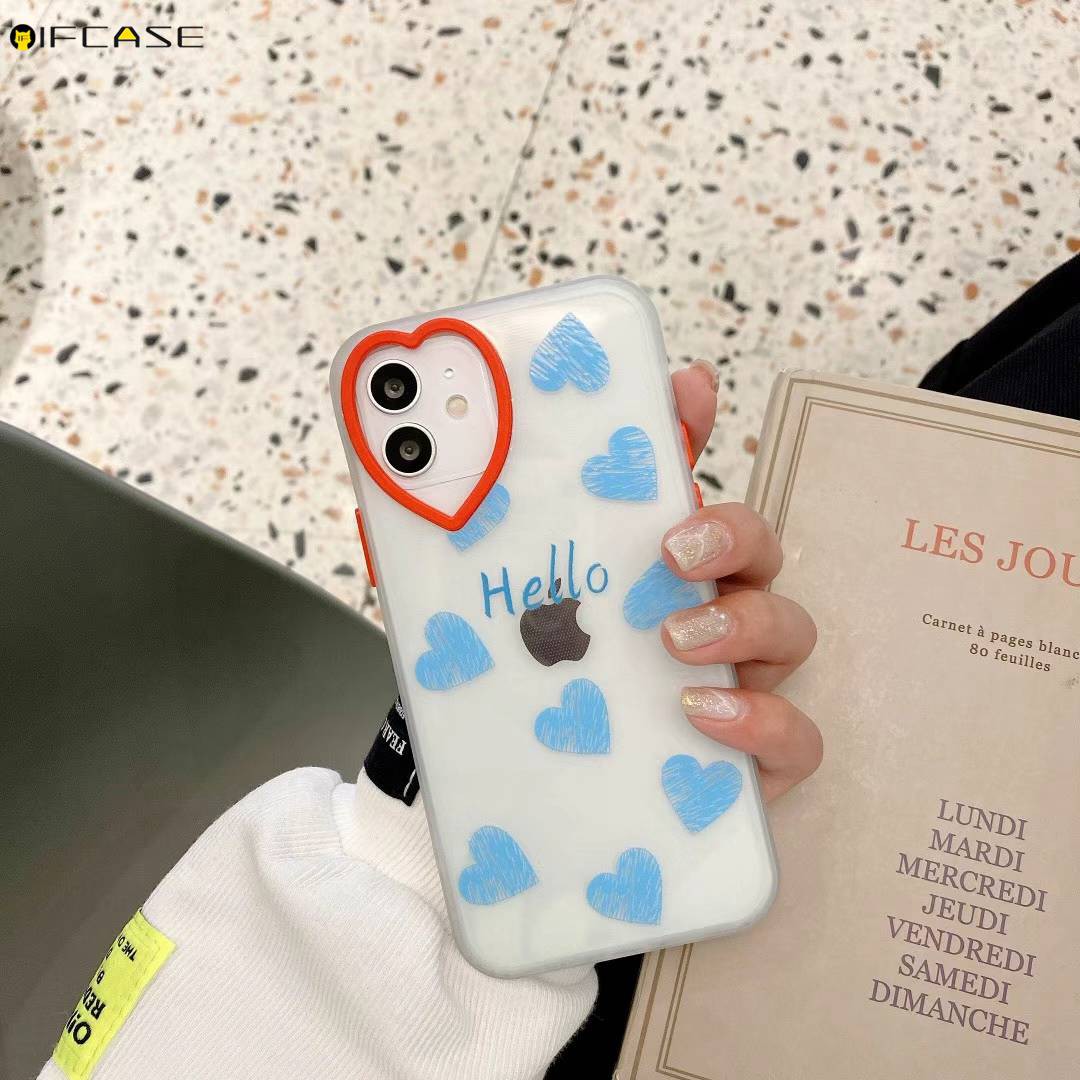 iPhone 12 11 Pro Max XS Max XR XS X 7 8 Plus Phone Case Love Loving Heart Camera Lens Hole Transparent Clear Cute Blue Pink Simple Soft TPU Casing Case Cover