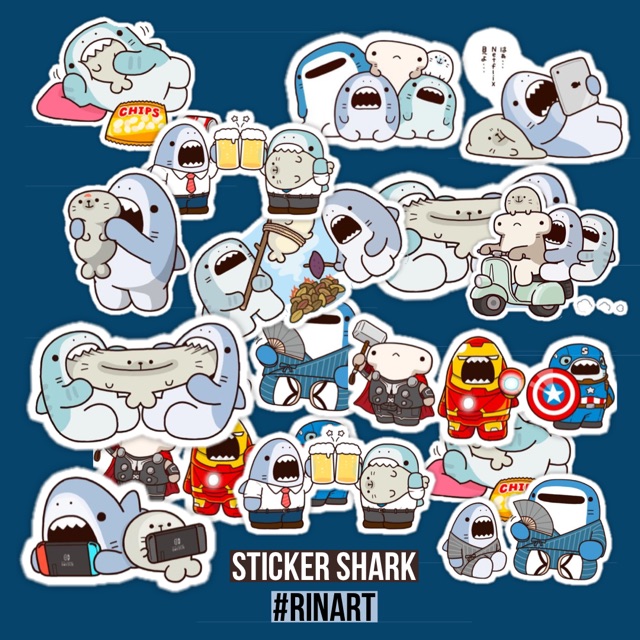SET 100 STICKER CÁ MẬP NHẬT BẢN SIÊU DỄ THƯƠNG DÁN TRANG TRÍ ĐIỆN THOẠI LAPTOP VALI MŨ BẢO HIỂM XE MÁY TỦ KỆ,...