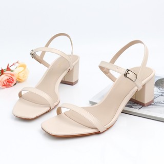 Giày sandal cao gót 5cm quai ngang đế vuông 5p 3 màu đen kem trắng