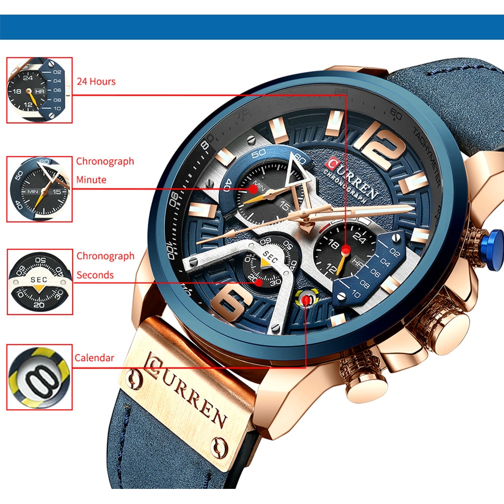 CURREN Top Brand Casual Sport Watches for Men Blue Luxury Military Genuine Leather Strap Wrist Watch Man Clock Fashion Chronograph Wristwatch