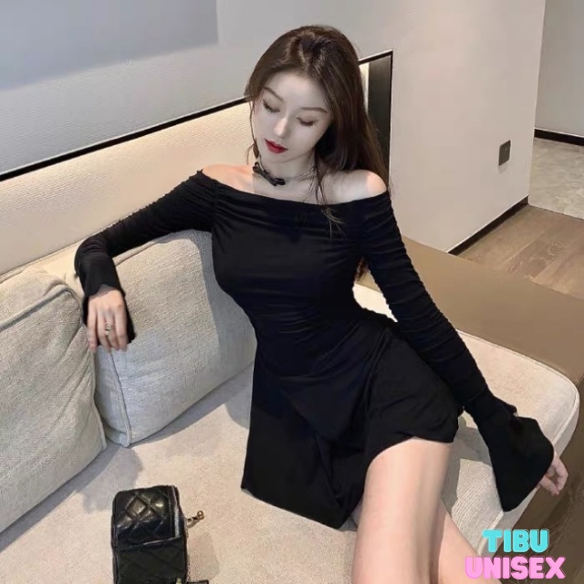 Đầm body sexy tay dài loe TIBU, Váy nữ ôm trễ vai xoè màu đen chất thun gân co dãn dự tiệc đi chơi cực xinh