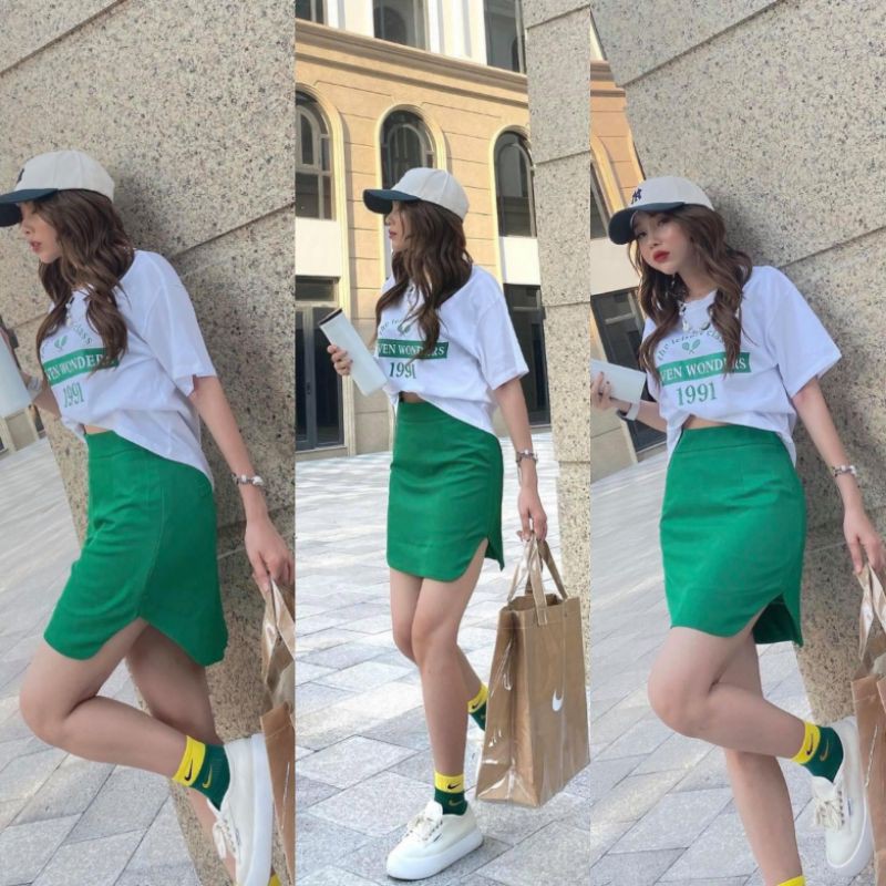 S293 Set đồ thơid trang, phong cách gồm áo phông in chữ phối chân váy chữ A sẻ hai bên, tone sur tone với áo
