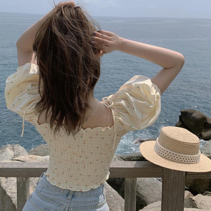 Áo Croptop Tay Ngắn Cổ Chữ V Họa Tiết Hoa Duyên Dáng Cho Nữ