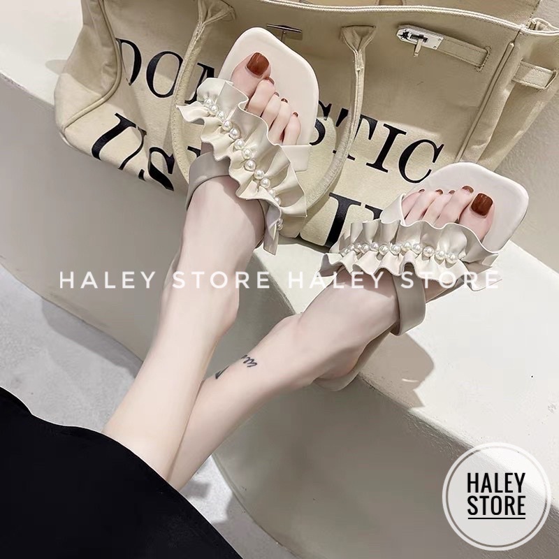 Dép lê nữ nhún nhúm bèo đính ngọc dép bệt kẹp xỏ ngón thời trang ulzzang phong cách tiểu thư HALEY STORE