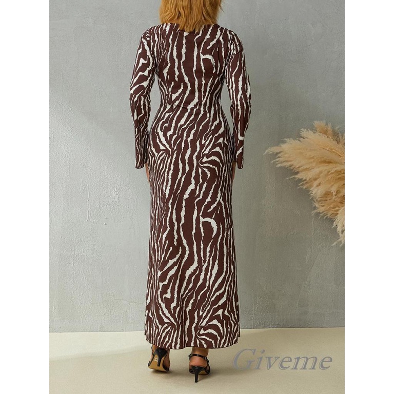 Đầm Dự Tiệc Dài Tay Cổ Tròn In Họa Tiết Ngựa Vằn Thời Trang Thu Đông Cho Nữ