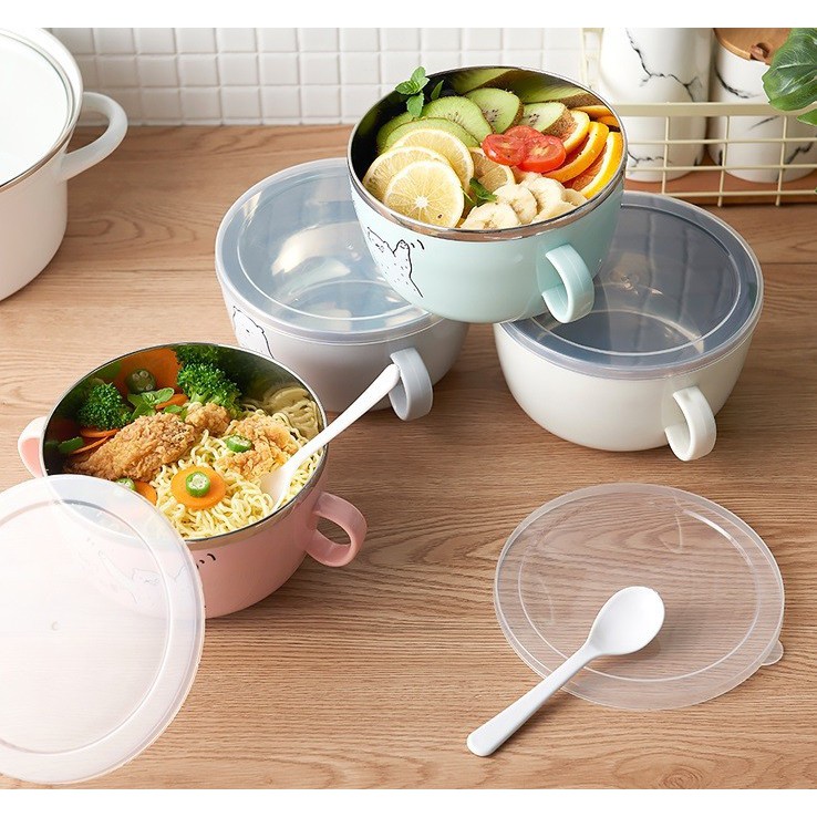 Bát ăn-Ly đựng cháo,mỳ thức ăn 2 lớp có nắp đậy chống nóng lõi inox 16cm | BigBuy360 - bigbuy360.vn