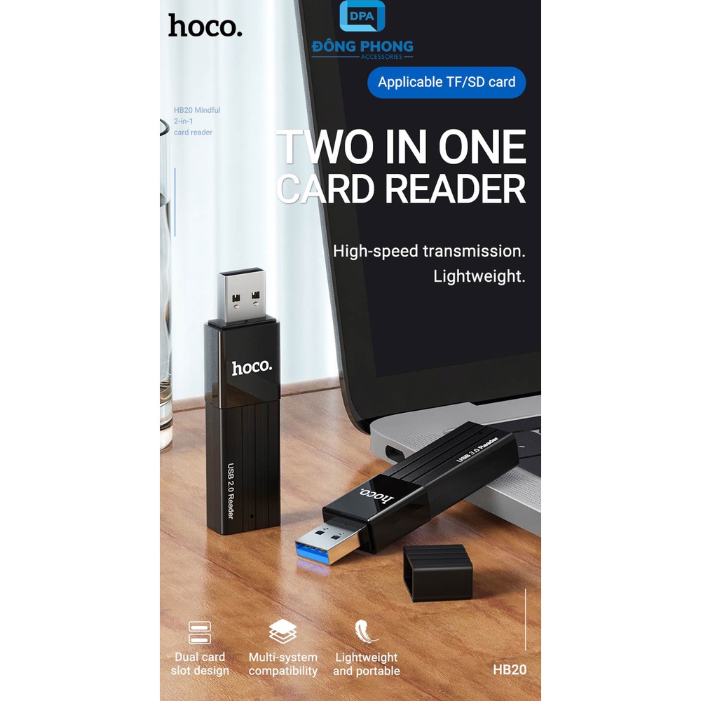 Đầu Đọc Thẻ Nhớ 3.0 / 2.0  Hoco HB20 Chính Hãng, Khe Cắm Thẻ SD &amp; Micro SD