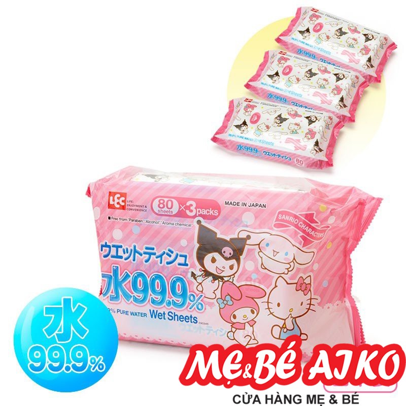 [Combo 6 gói] Khăn Ướt LEC tinh khiết 99.9% Sanrio E90345 80 tờ/gói (6 gói x 80 tờ)