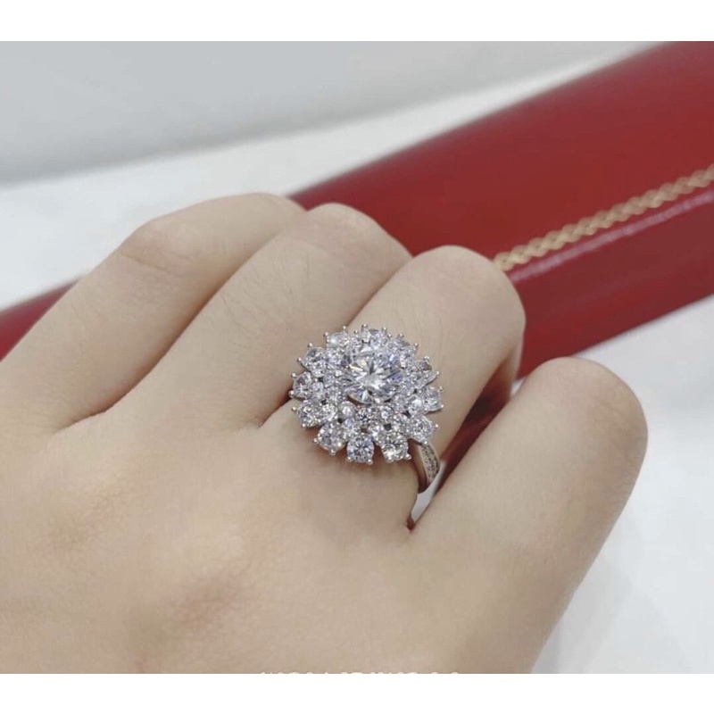Nhẫn hoa sen đá chủ 10ly nhân tạo sáng, bạc chuẩn