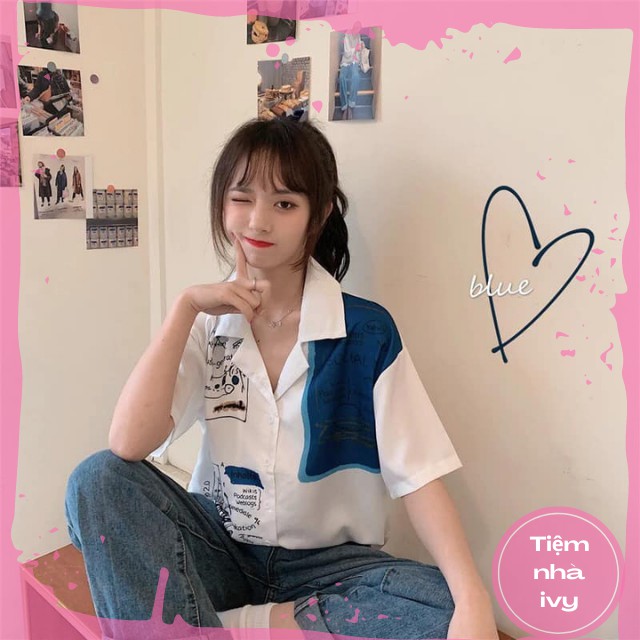 [CÓ ẢNH THẬT] Sơ Mi Nữ Phong Cách Ullzang In Hình Xinh Xắn, Cổ Áo Dạng Vest Nổi Bật, Vải Kate Thoáng Mát