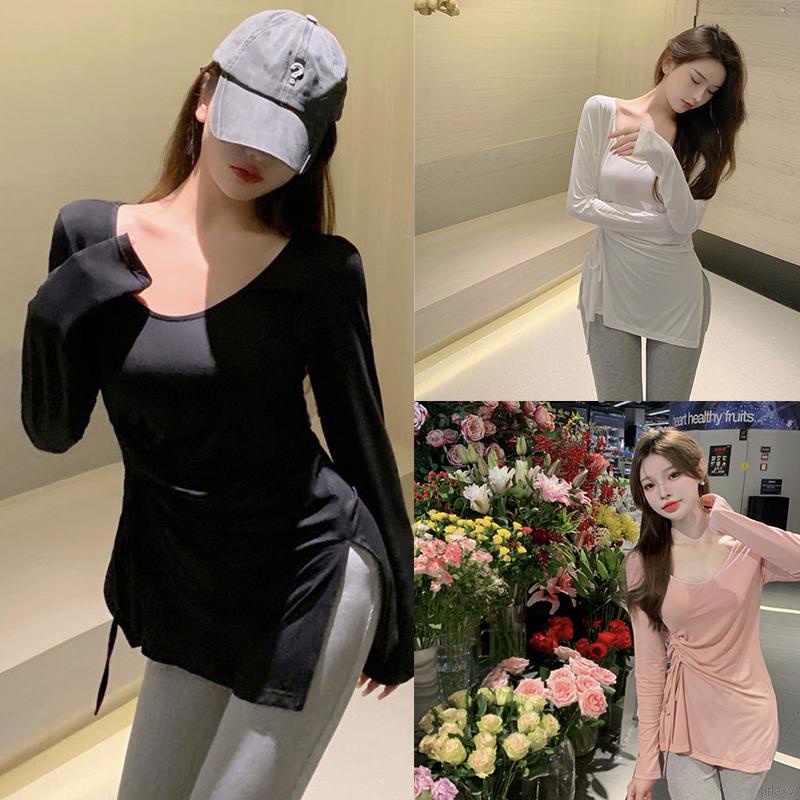 Áo thun tay dài cổ tròn màu sắc thời trang cho nữ