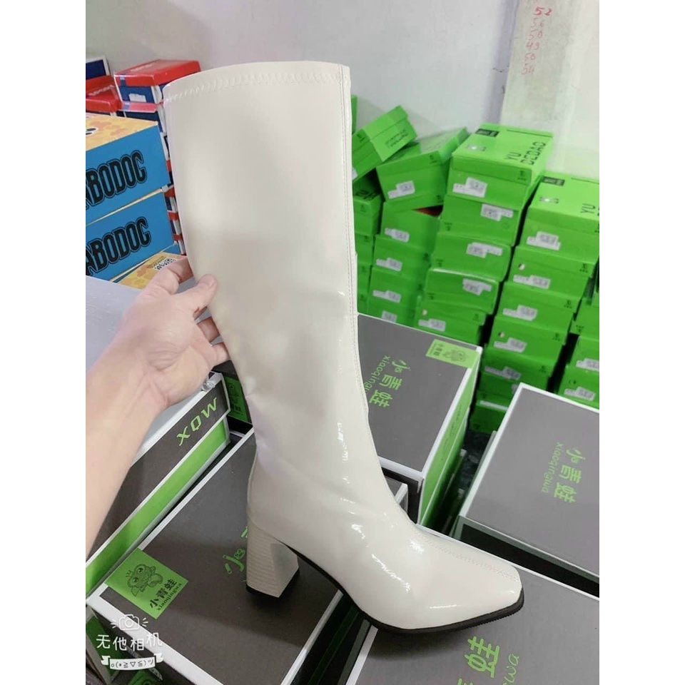 Giày bốt cổ cao có khóa kéo cạnh đế cao 7p, Bốt đùi nữ mũi nhọn chất da có 2 màu trắng đen thời trang thu đông