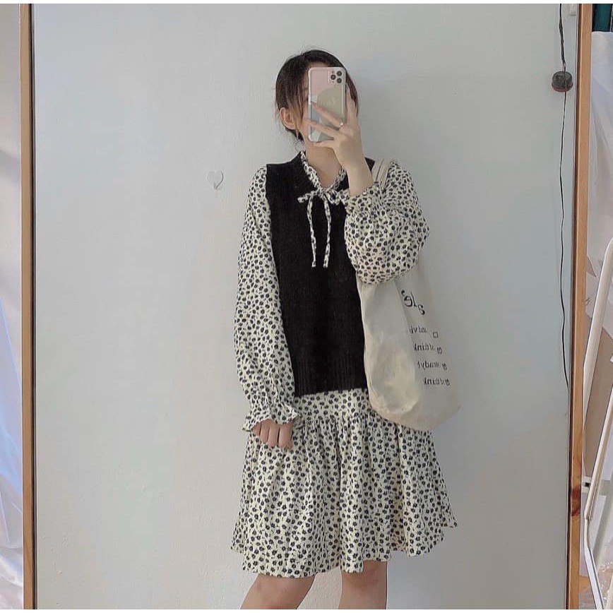 Sét Đầm Nữ Vintage, Váy Đầm Babydoll Chấm Bi Nơ Ngực Tay Bồng Dáng Suông Kèm Gile Ngoài Phong Cách Hàn Quốc.