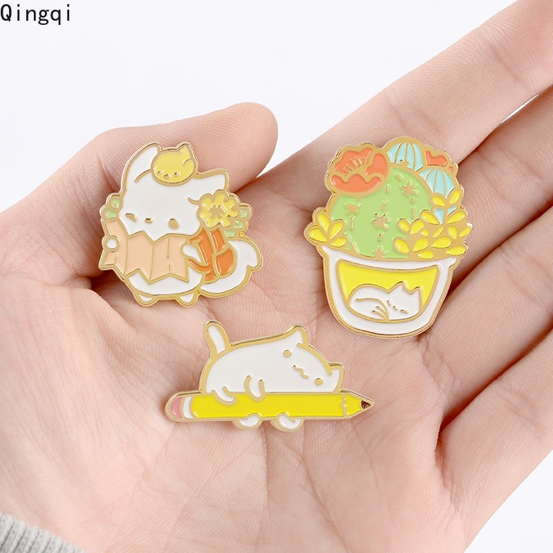 Ghim cài áo MISS ZOE tráng men hình mèo ngủ và chậu xương rồng dễ thương dùng làm quà tặng