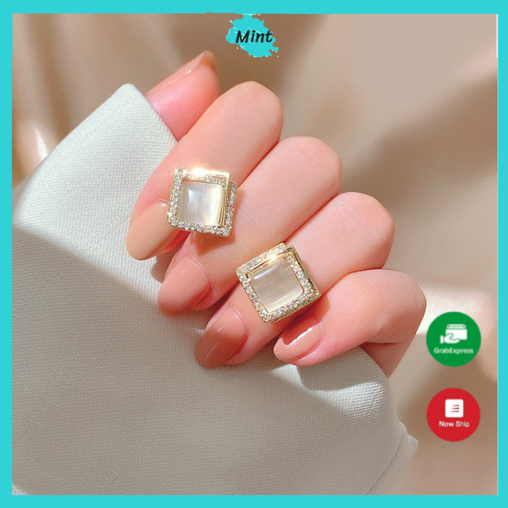 Bông Tai Nữ ❤️KHÔNG GÂY DỊ ỨNG❤️ Khuyên Tai Nữ Đính Đá Vuông Lồng Đính Nhau Sang Chảnh Chất Liệu Chuôi Bạc S925