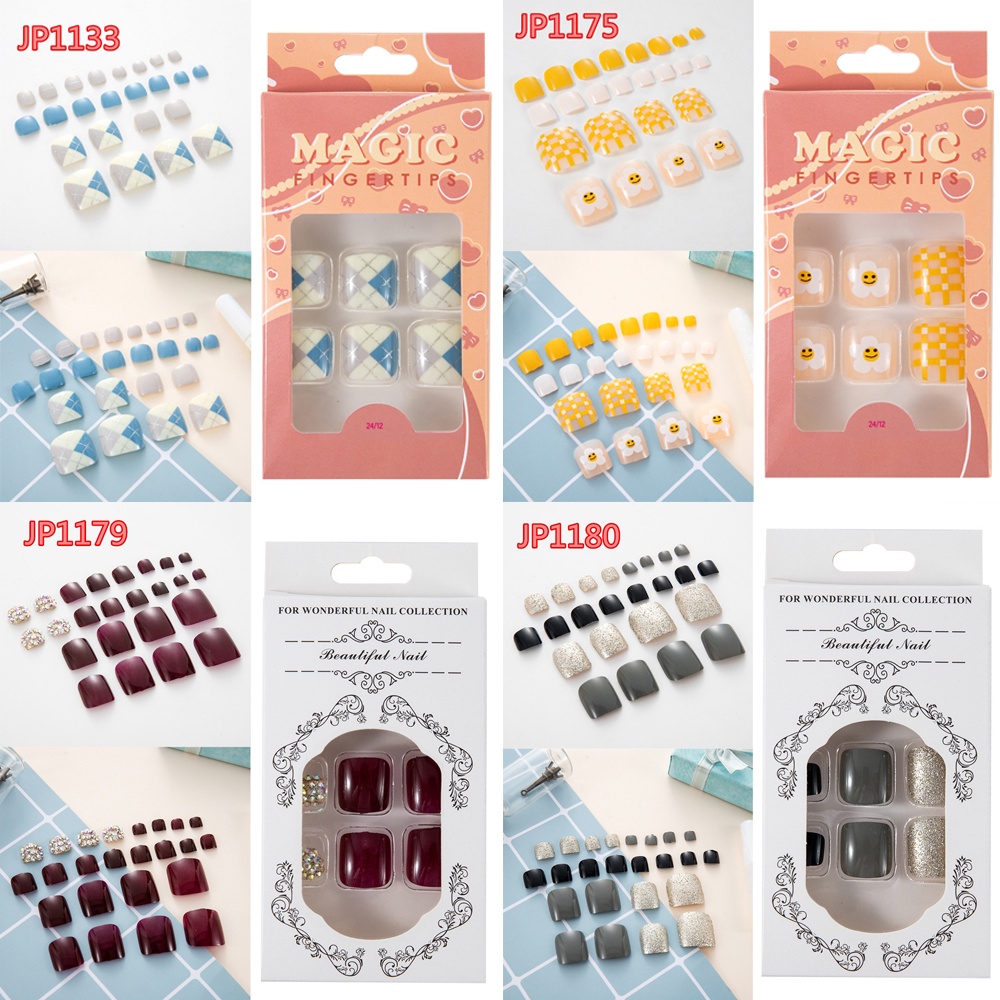 [Hàng mới về] 24 Móng chân giả chống thấm nước kèm keo dán phong cách retro cho nữ