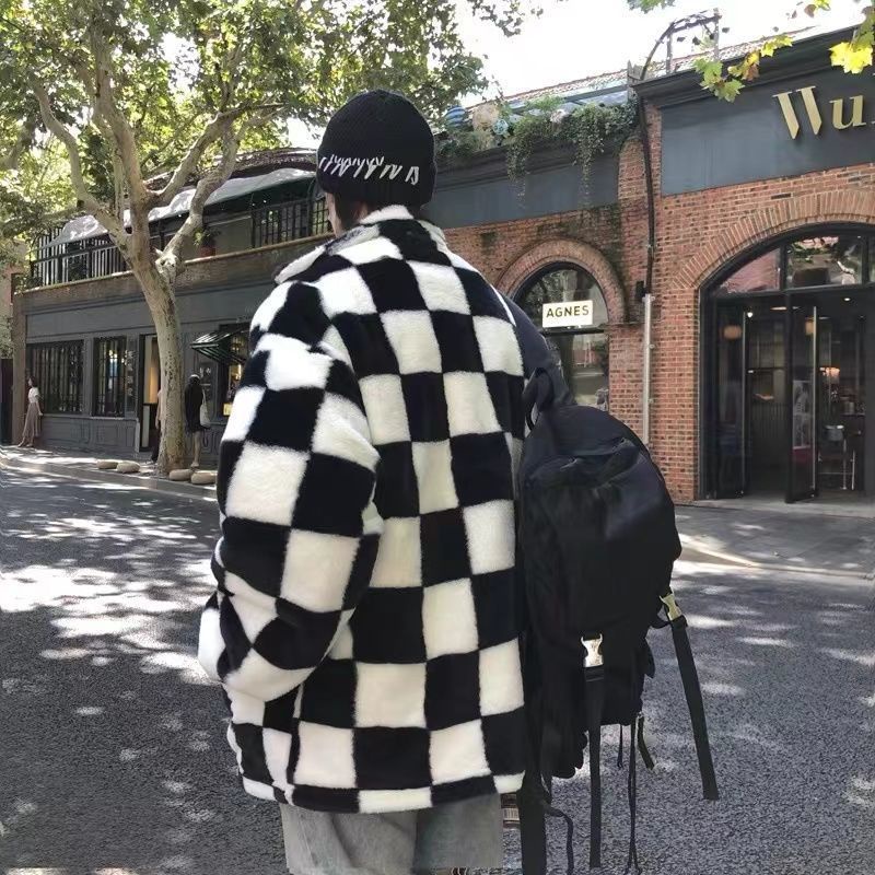 Áo khoác lông dáng Oversize hoạ tiết caro đen trắng